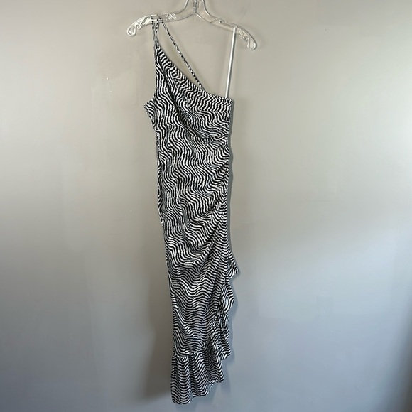 Cinq A Sept Silk Christel Ruched One Shoulder Zebra Print Dress Size 2 - Picture 3 of 16